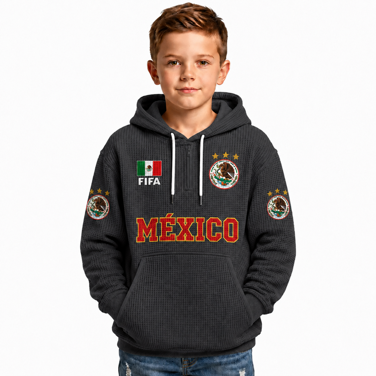 FIFA 2026 Mexico Printed Waffle Quarter Zip Football Fan Hoodie For Kids