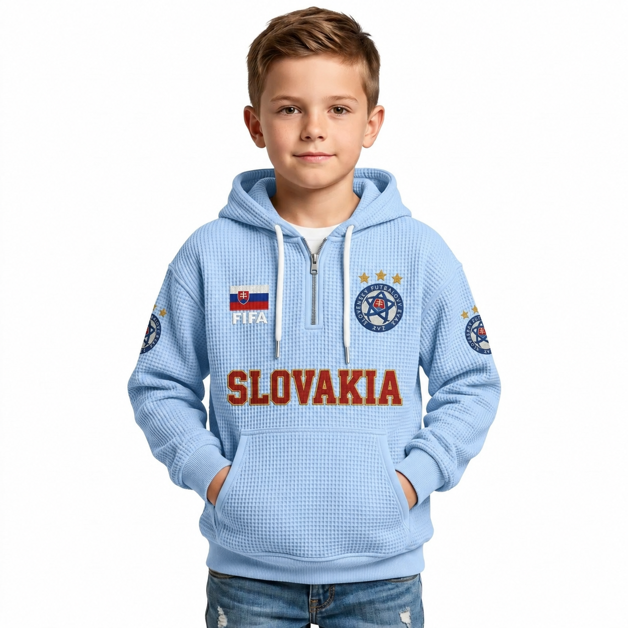 FIFA 2026 Slovakia Printed Waffle Quarter Zip Football Fan Hoodie For Kids