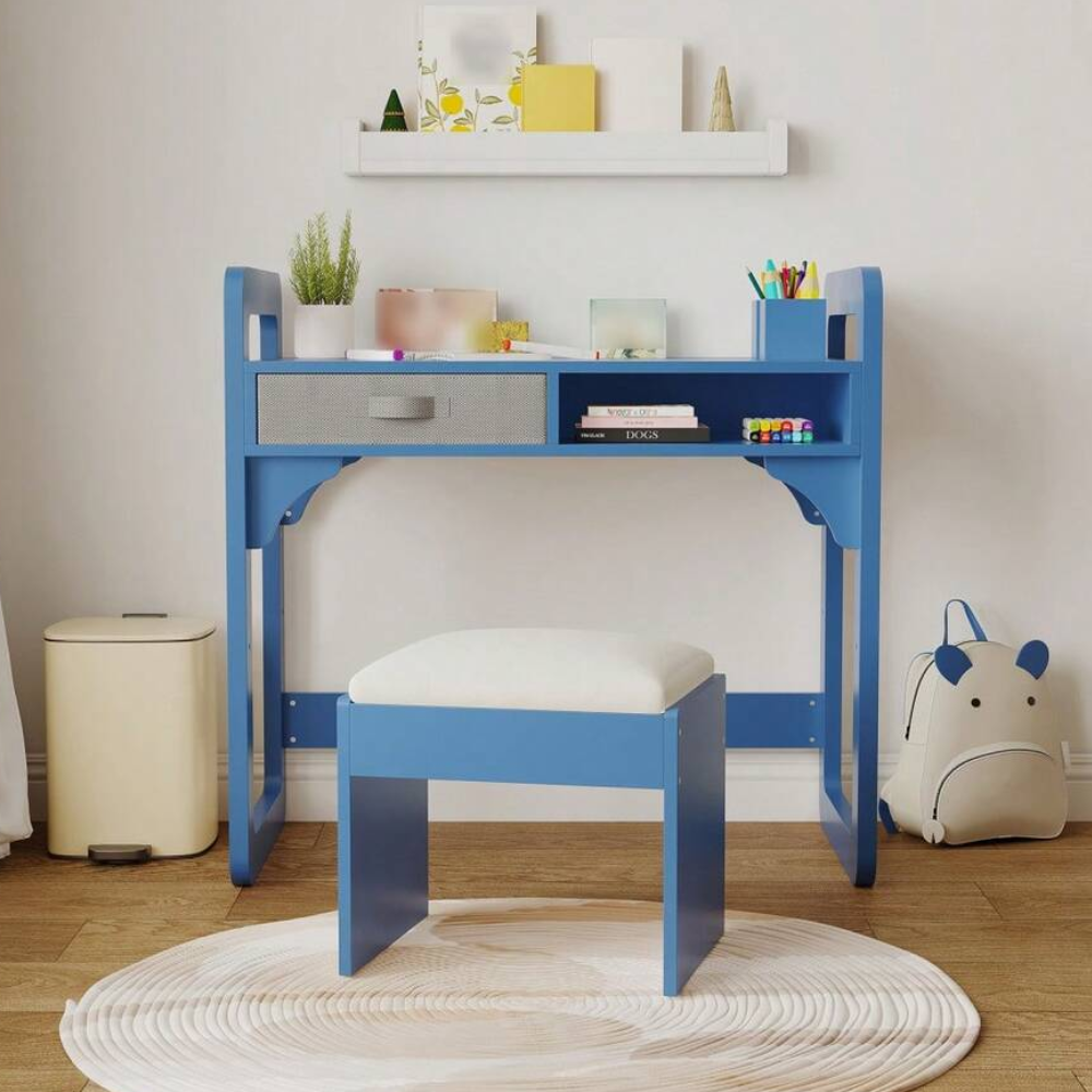 Kids Study Desk And Chair Set With Storage Drawer Soft Stool