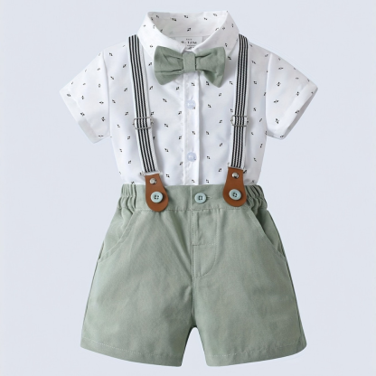 Short Sleeve Shirt With Bow Tie And Suspenders Shorts Set For Baby Boys