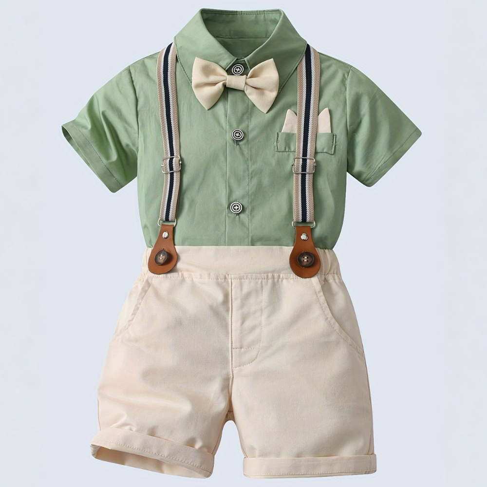 Classic Two Piece Outfit With Shirt Bow Tie And Suspenders Shorts
