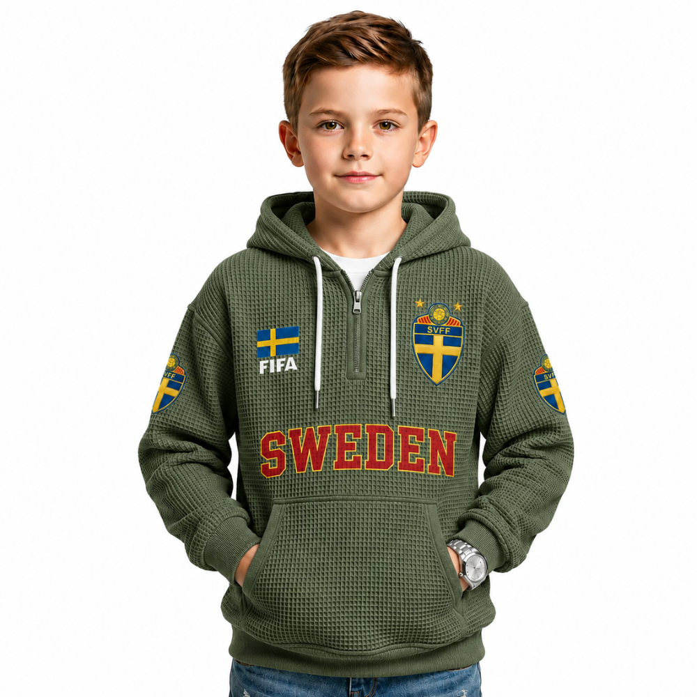 FIFA 2026 Sweden Printed Waffle Quarter Zip Football Fan Hoodie For Kids
