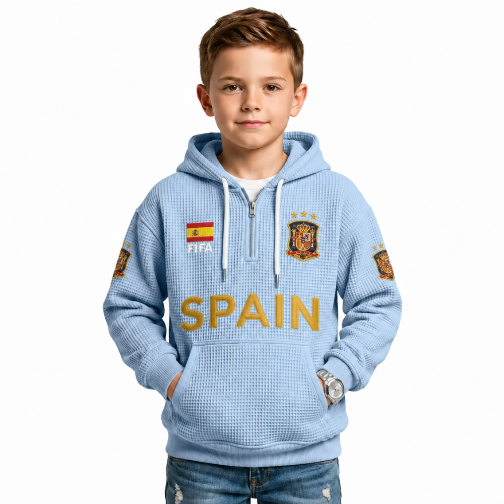 FIFA 2026 Spain Printed Waffle Quarter Zip Football Fan Hoodie For Kids