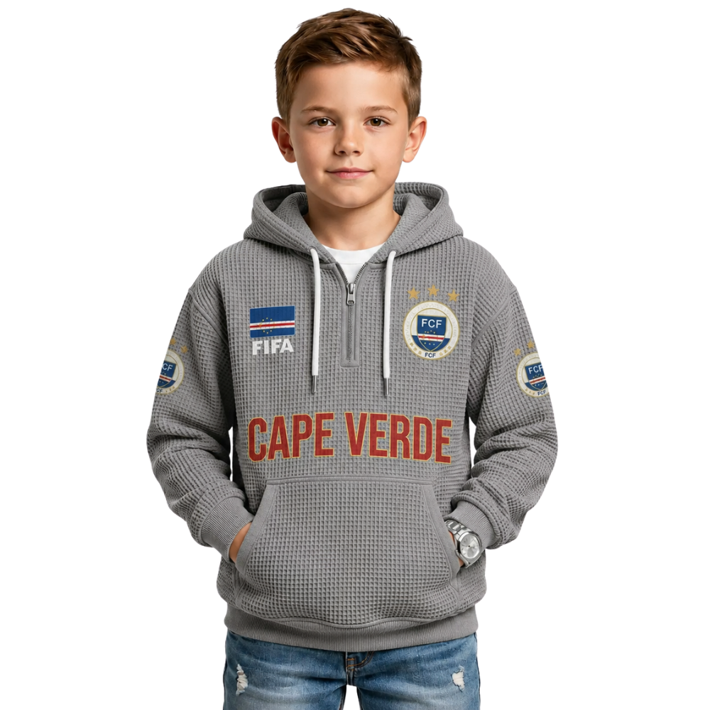 FIFA 2026 Cape Verde Printed Waffle Quarter Zip Football Fan Hoodie For Kids