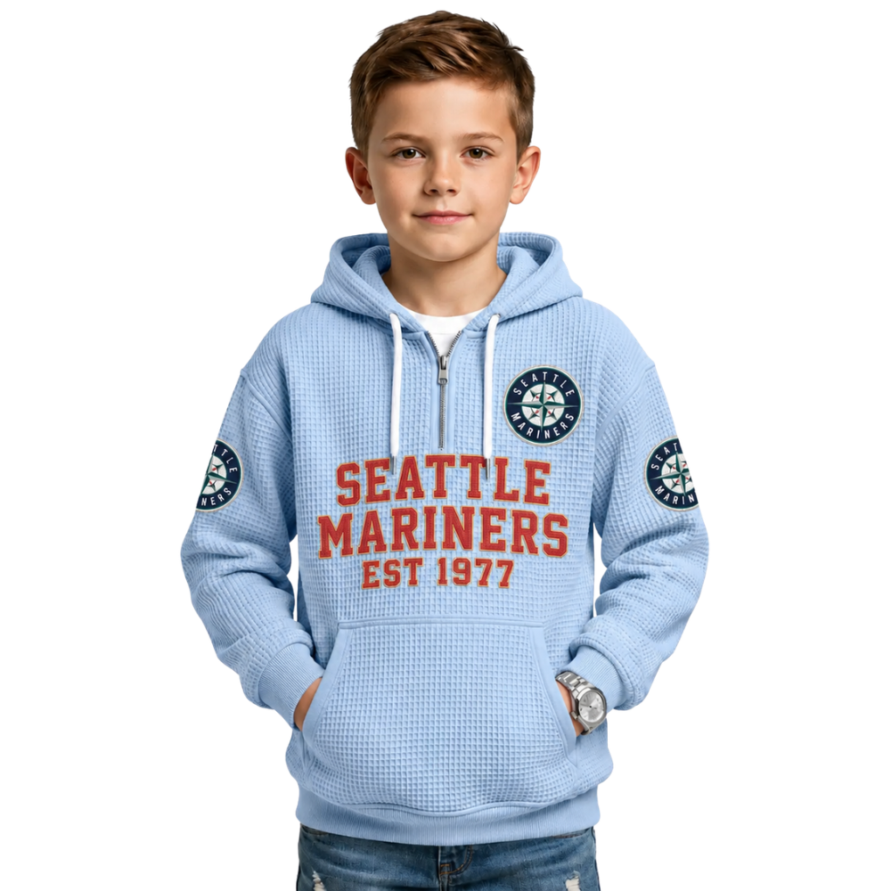 Seattle Mariners EST 1977 Printed Waffle Quarter Zip Baseball Fan Hoodie For Kids
