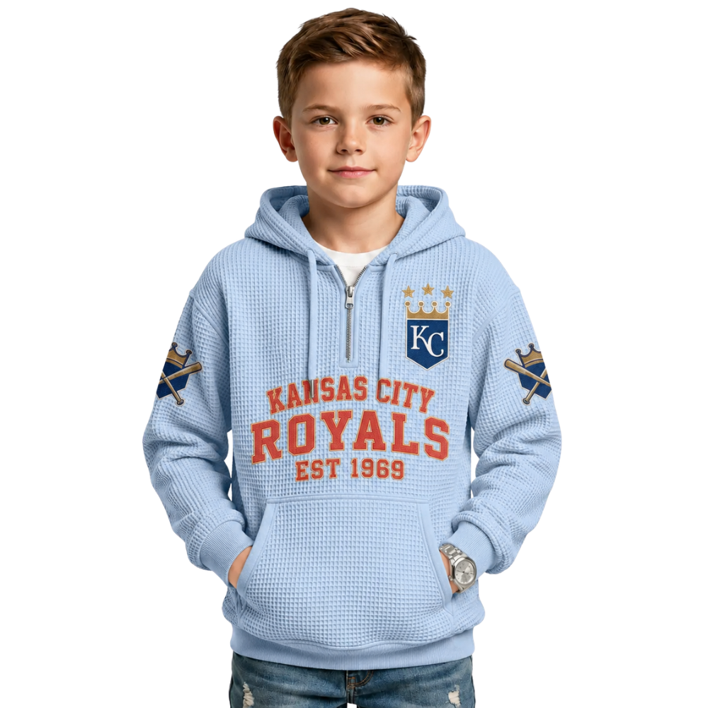 Kansas City Royals EST 1969 Printed Waffle Quarter Zip Baseball Fan Hoodie For Kids