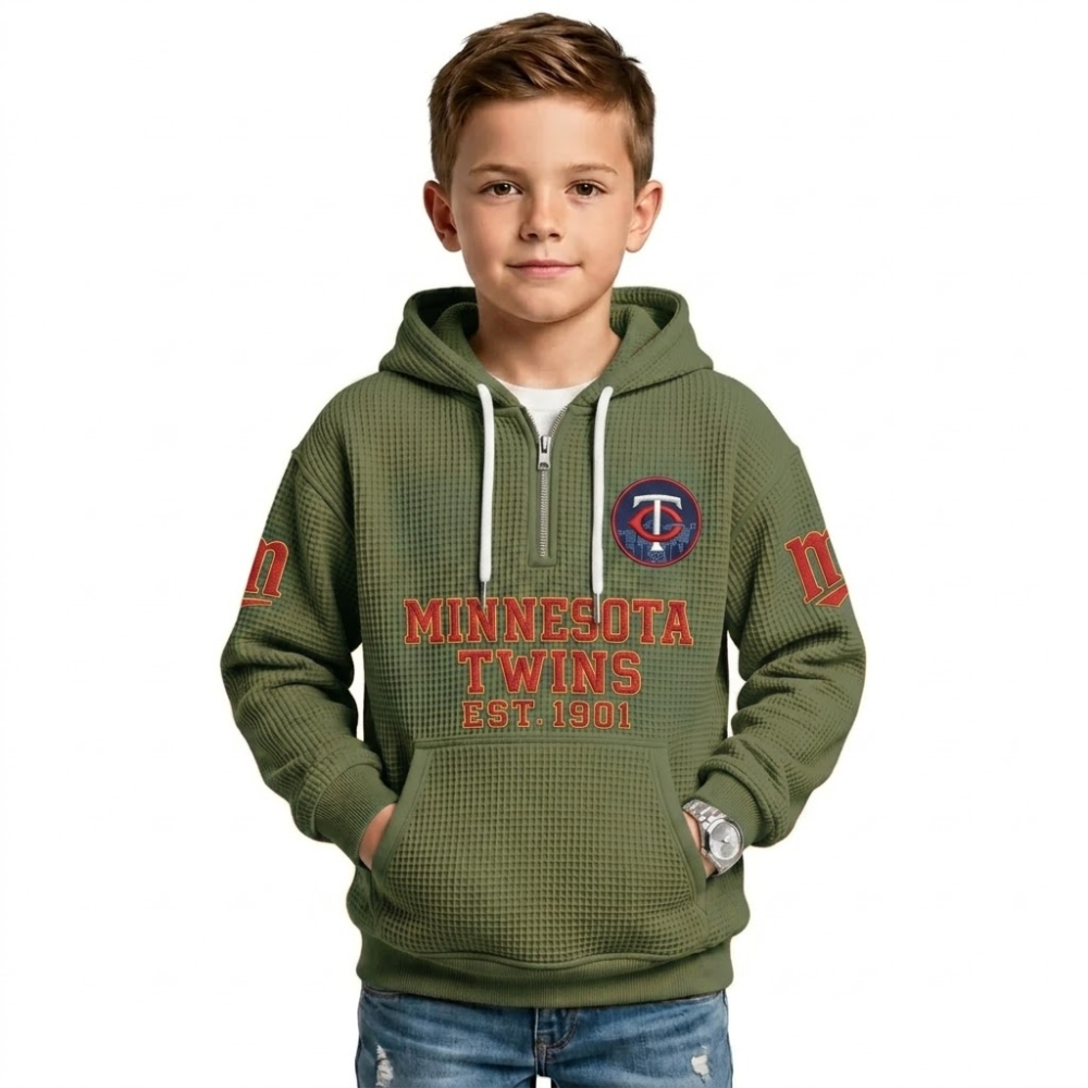 Minnesota Twins EST 1901 Printed Waffle Quarter Zip Baseball Fan Hoodie For Kids
