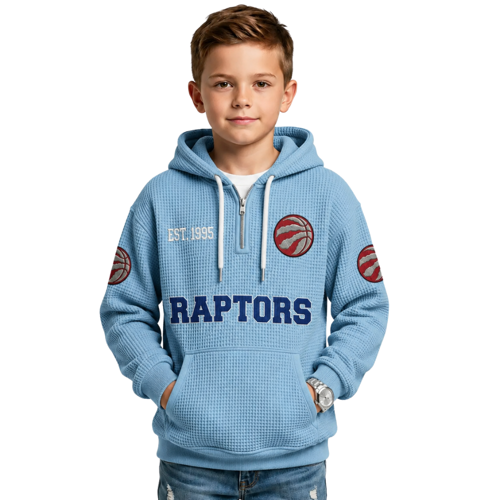 Toronto Raptors EST 1995 Printed Waffle Quarter Zip Basketball Fan Hoodie For Kids
