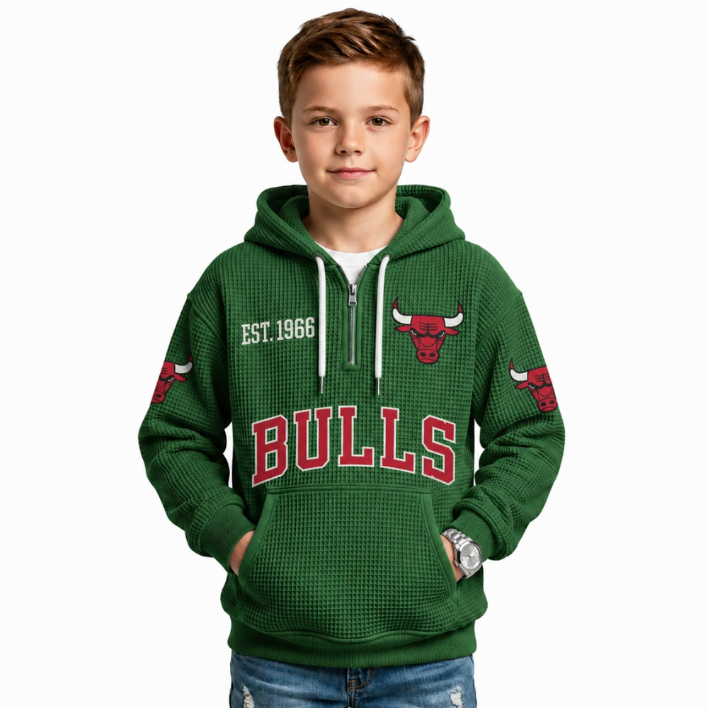 Chicago Bulls EST 1966 Printed Waffle Quarter Zip Basketball Fan Hoodie For Kids