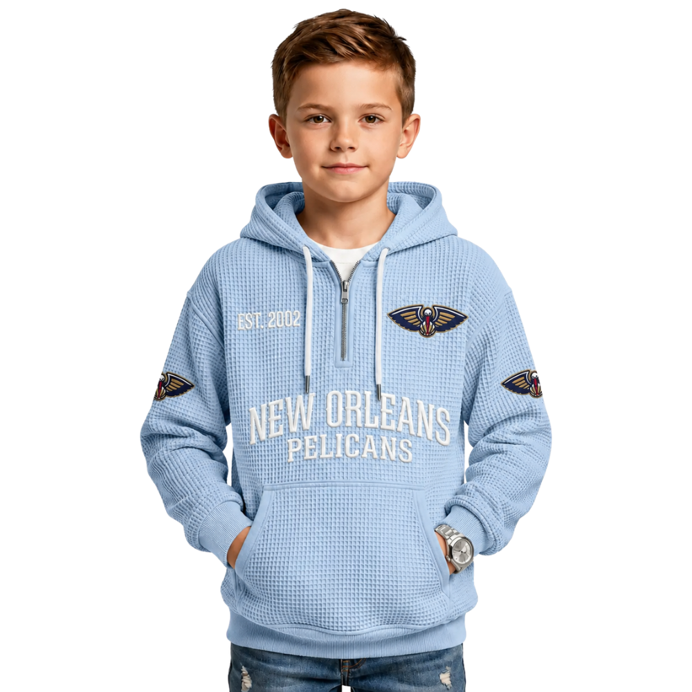 New Orleans Pelicans EST 2002 Printed Waffle Quarter Zip Basketball Fan Hoodie For Kids