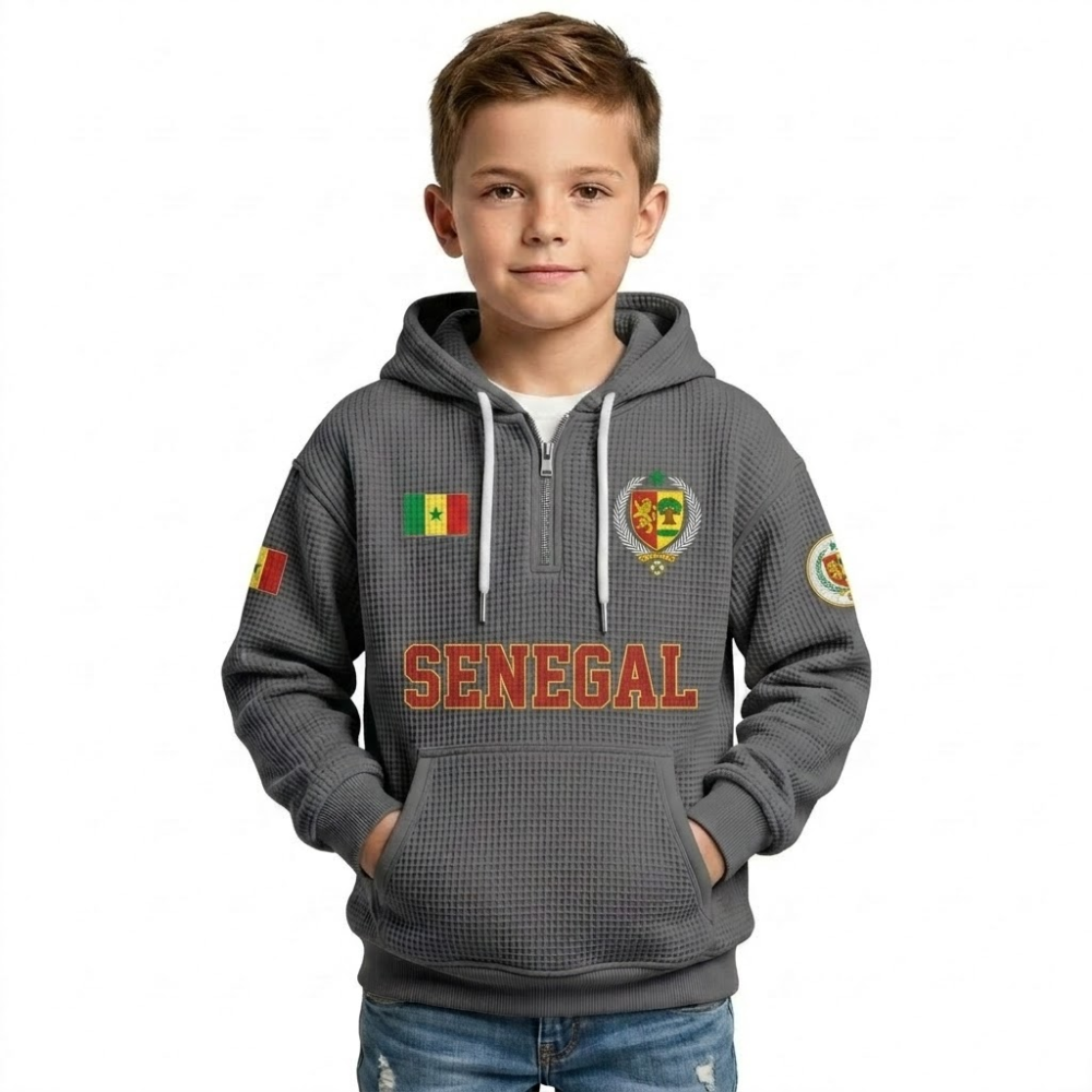 Senegal Printed Waffle Quarter Zip Football Fan Hoodie For Kids