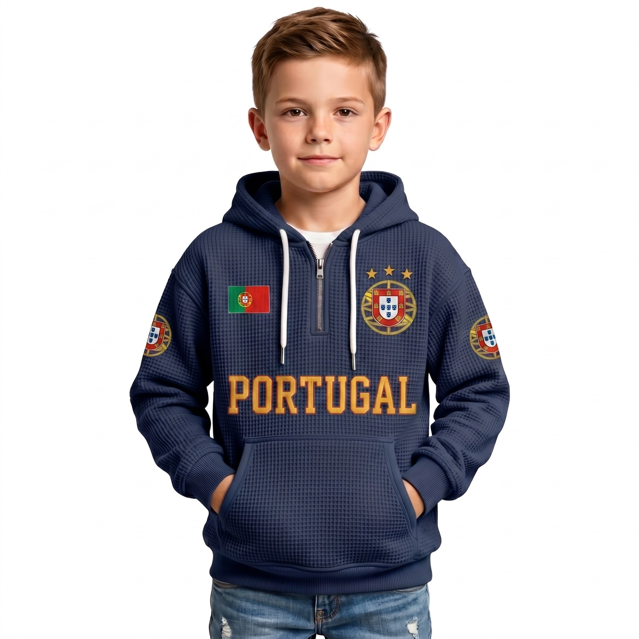 Portugal Printed Waffle Quarter Zip Football Fan Hoodie For Kids