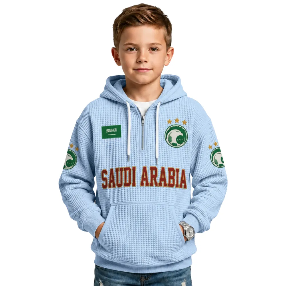 Saudi Arabia Printed Waffle Quarter Zip Football Fan Hoodie For Kids