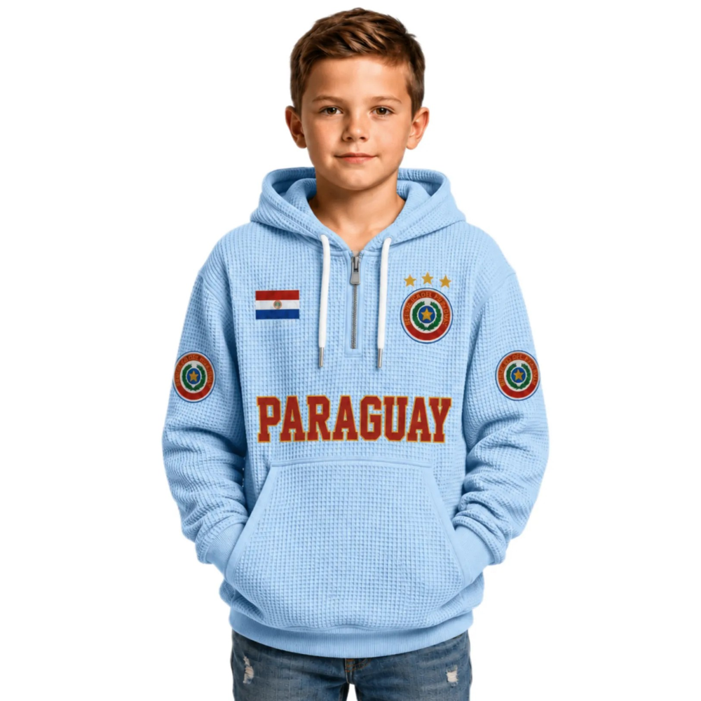 Paraguay Printed Waffle Quarter Zip Football Fan Hoodie For Kids