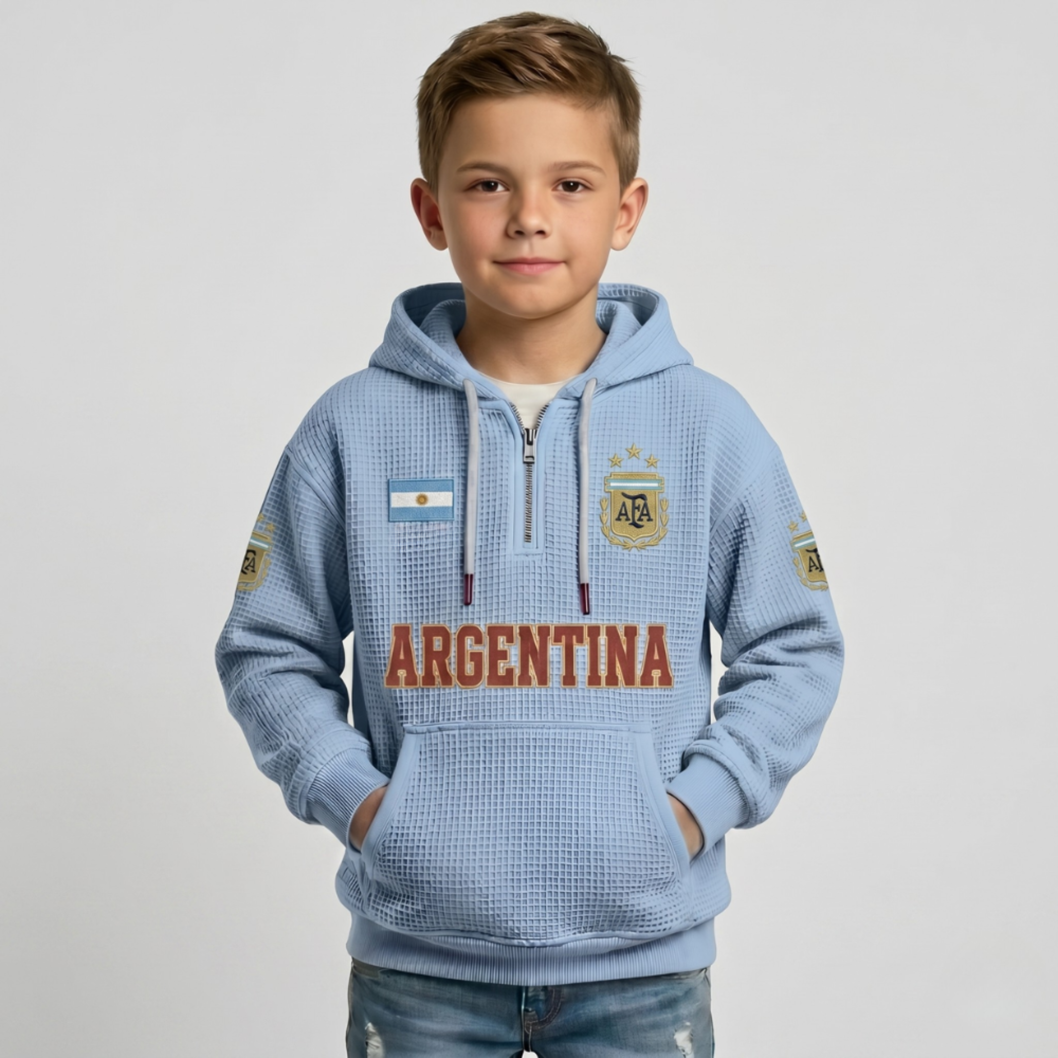 Argentina Printed Waffle Quarter Zip Football Fan Hoodie For Kids
