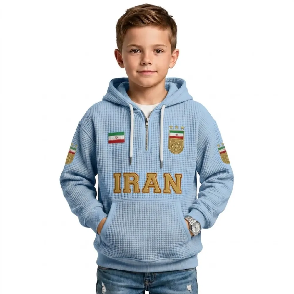 Iran Printed Waffle Quarter Zip Football Fan Hoodie For Kids