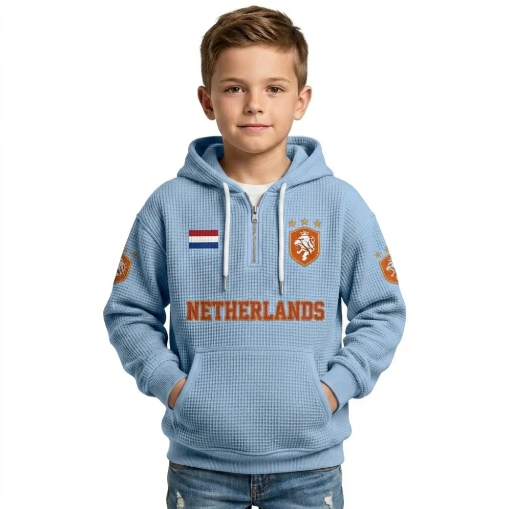 Netherlands Printed Waffle Quarter Zip Football Fan Hoodie For Kids