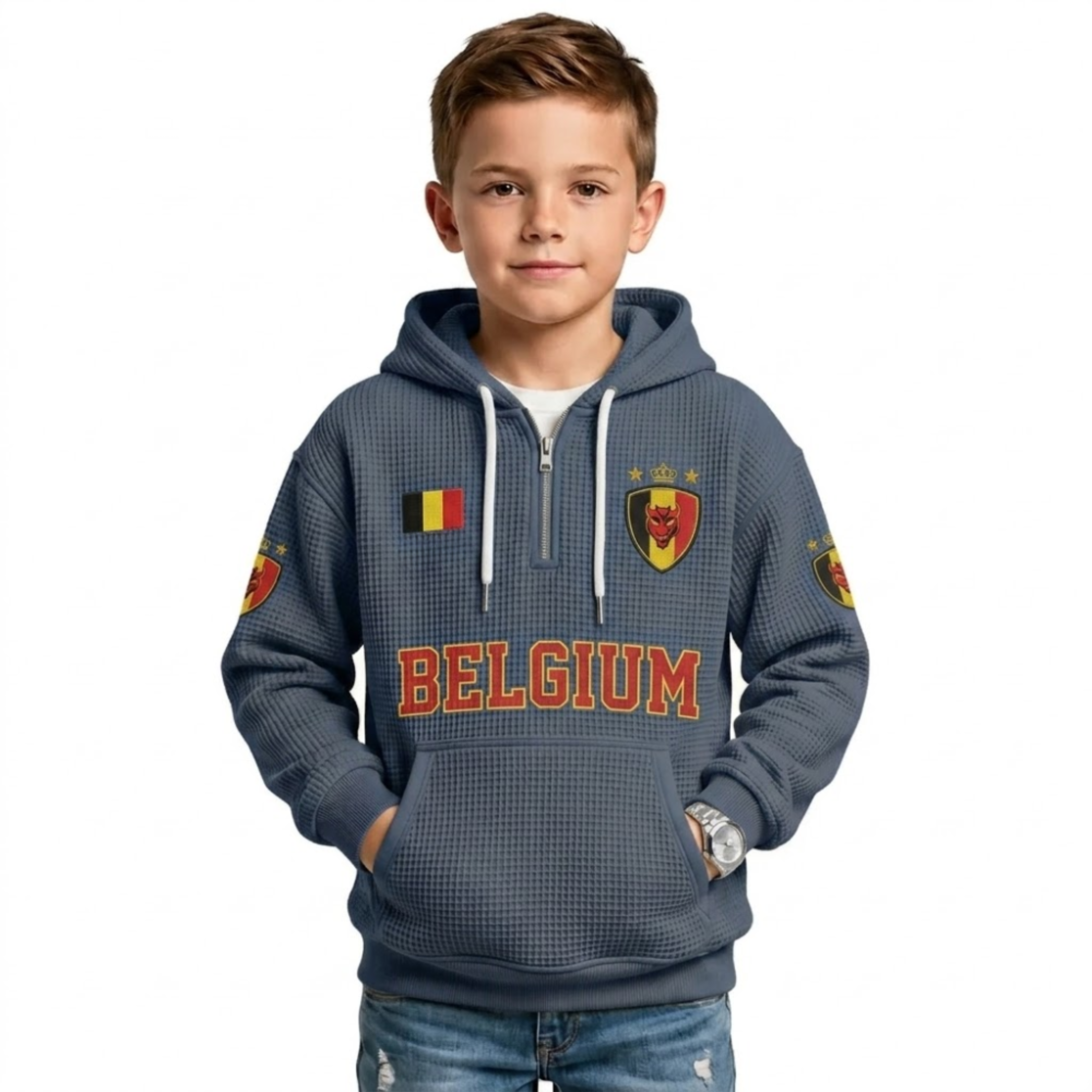 Belgium Printed Waffle Quarter Zip Football Fan Hoodie For Kids
