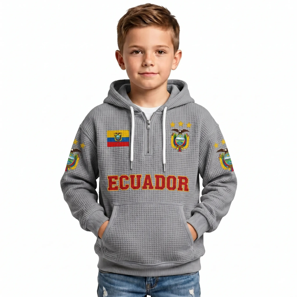 Ecuador Printed Waffle Quarter Zip Football Fan Hoodie For Kids