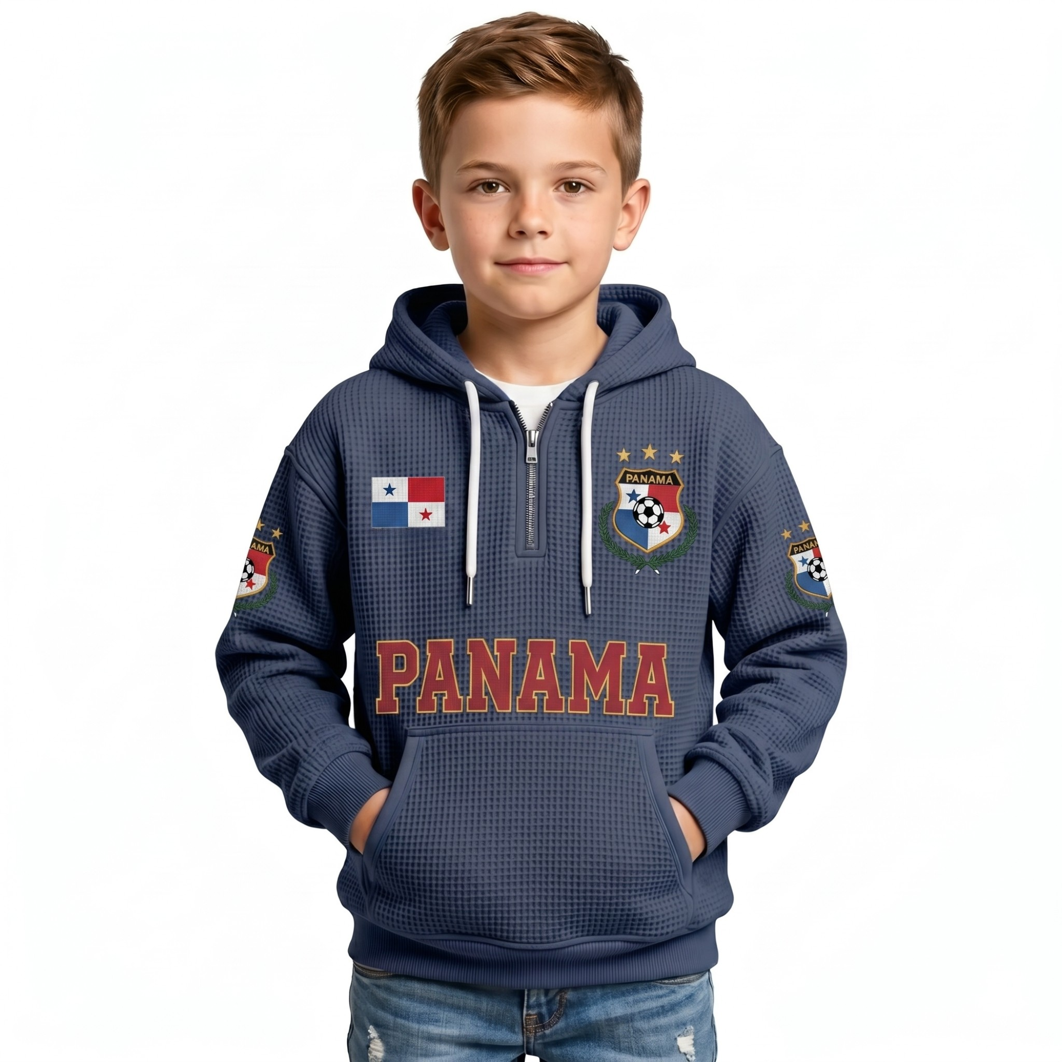 Panama Printed Waffle Quarter Zip Football Fan Hoodie For Kids