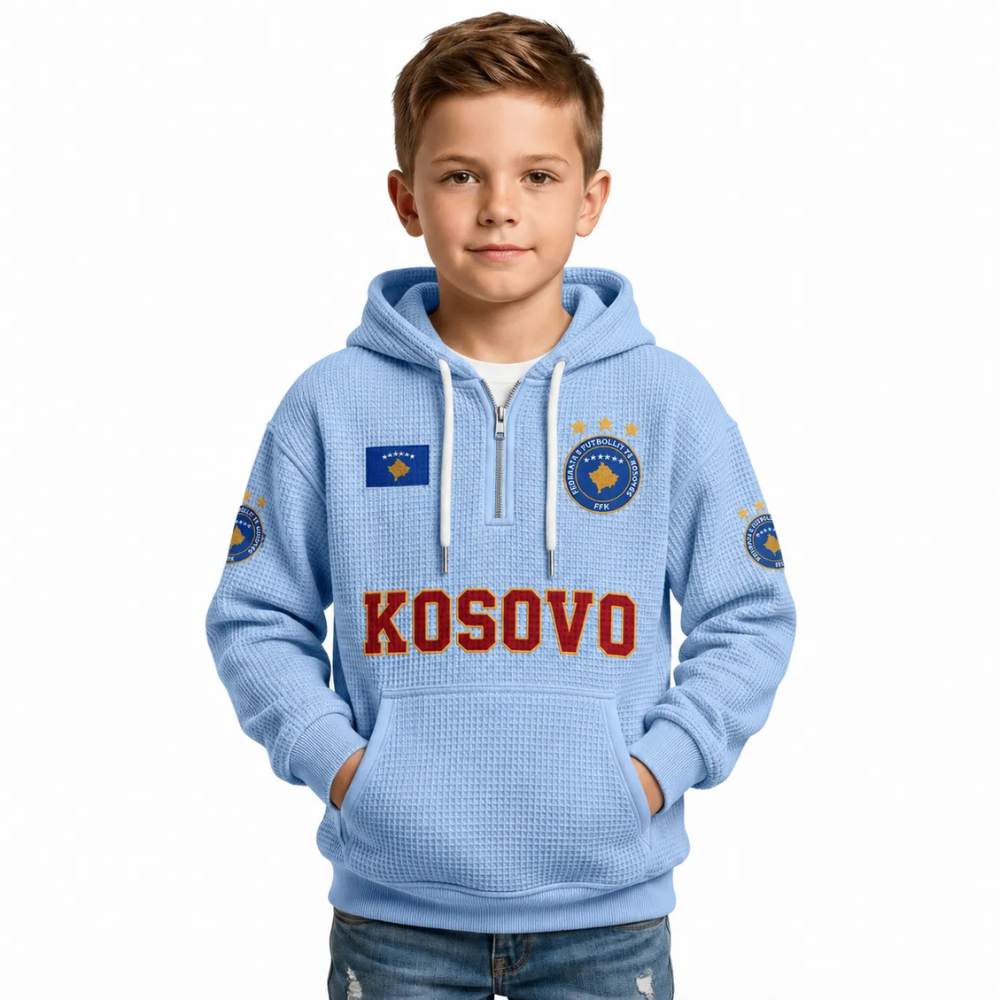Kosovo Printed Waffle Quarter Zip Football Fan Hoodie For Kids