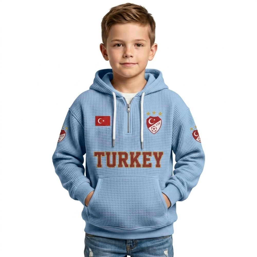 Turkey Printed Waffle Quarter Zip Football Fan Hoodie For Kids