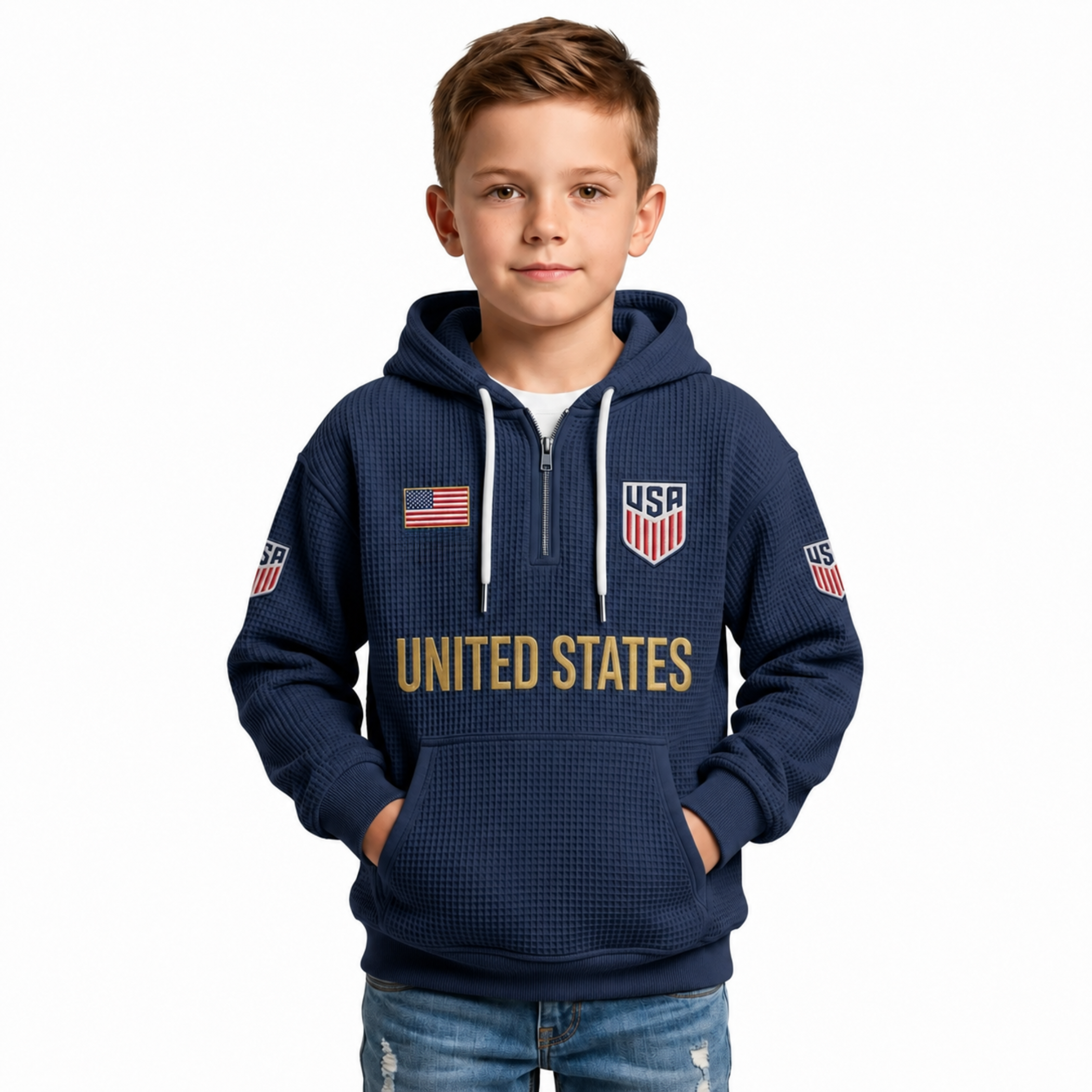 United States Printed Waffle Quarter Zip Football Fan Hoodie For Kids