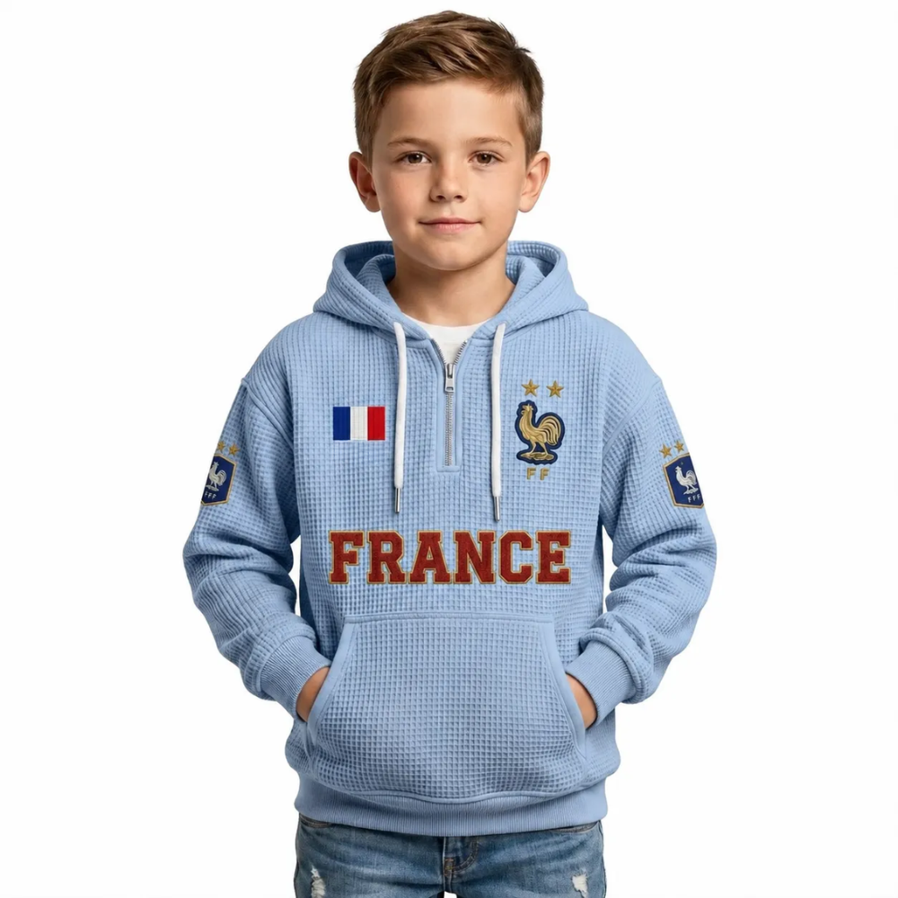 France Printed Waffle Quarter Zip Football Fan Hoodie For Kids