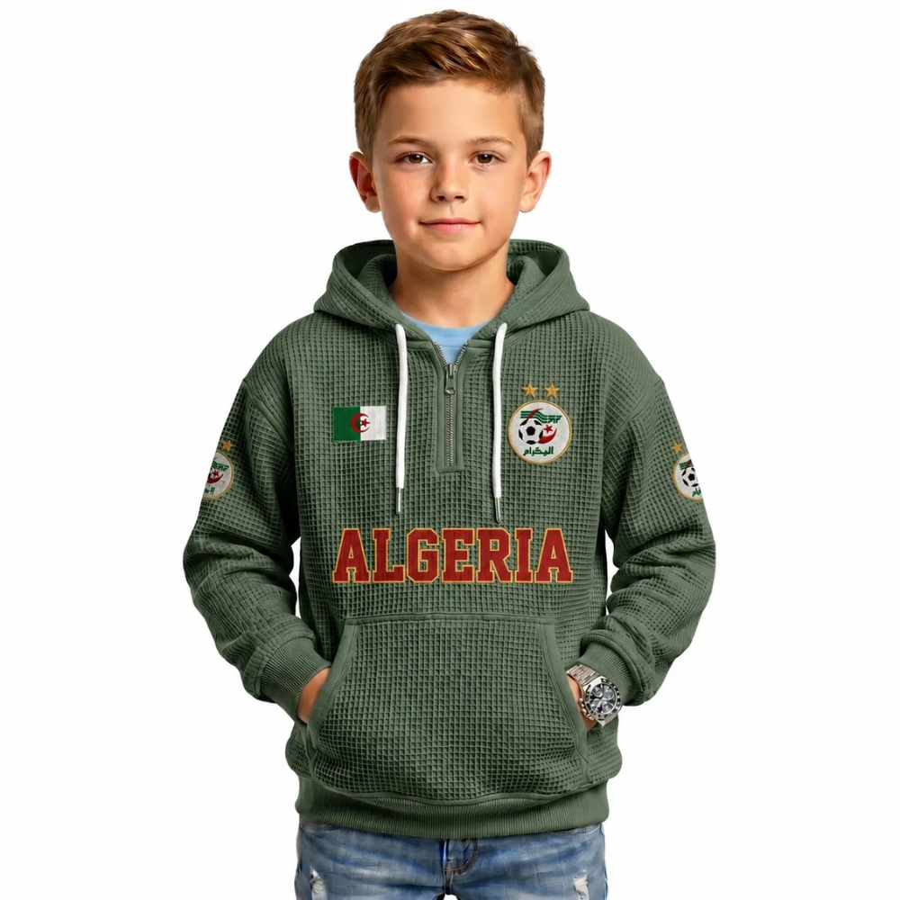 Algeria Printed Waffle Quarter Zip Football Fan Hoodie For Kids