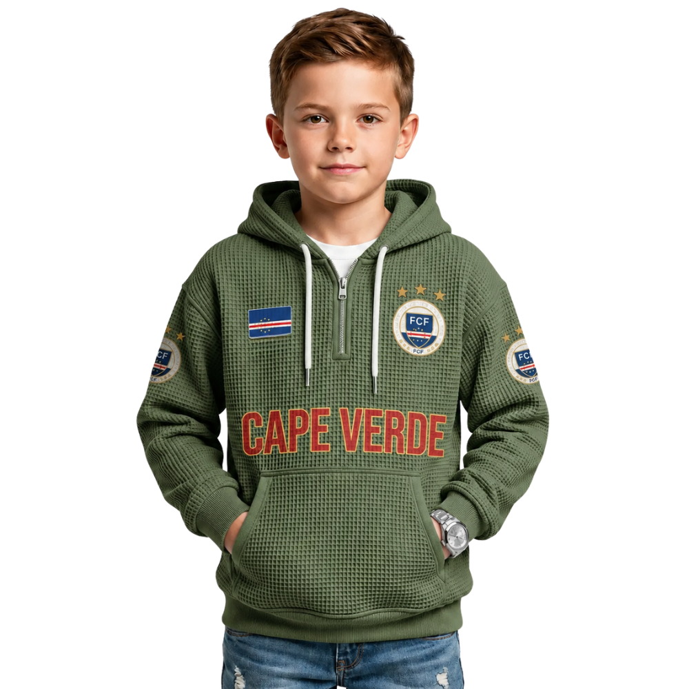 Cape Verde Printed Waffle Quarter Zip Football Fan Hoodie For Kids