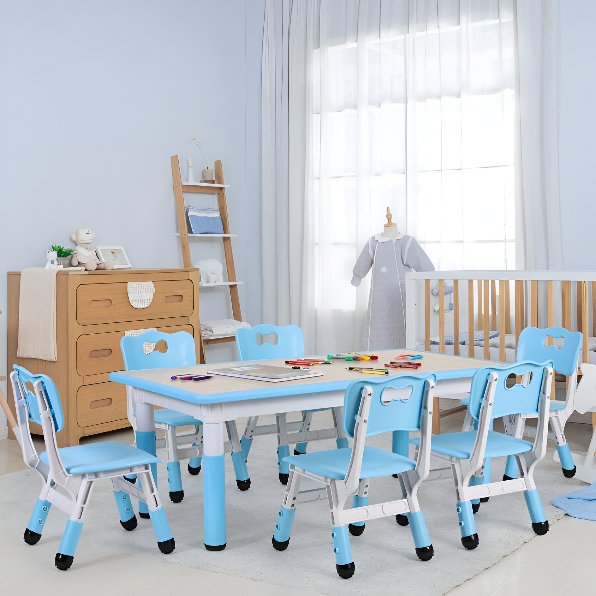 Kids Table And 6 Chairs Set Height Adjustable Table Preschool Activity Art Craft Table