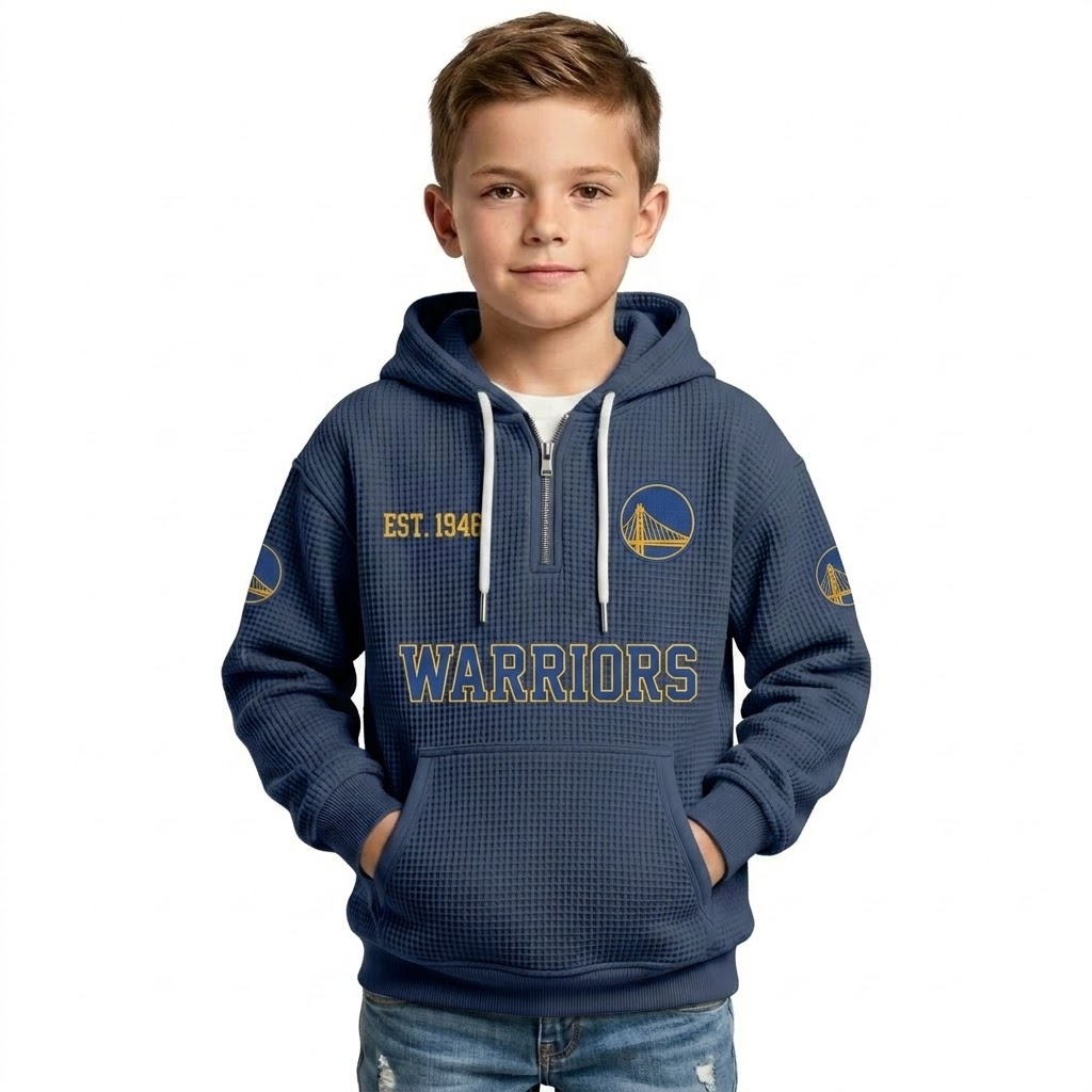 Golden State Warriors EST 1946 Printed Waffle Quarter Zip Basketball Fan Hoodie For Kids