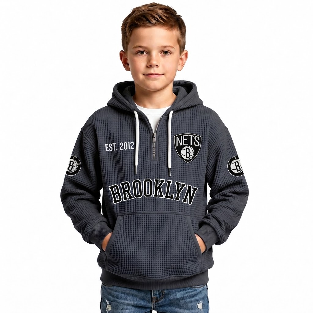 Brooklyn Nets EST 1967 Printed Waffle Quarter Zip Basketball Fan Hoodie For Kids