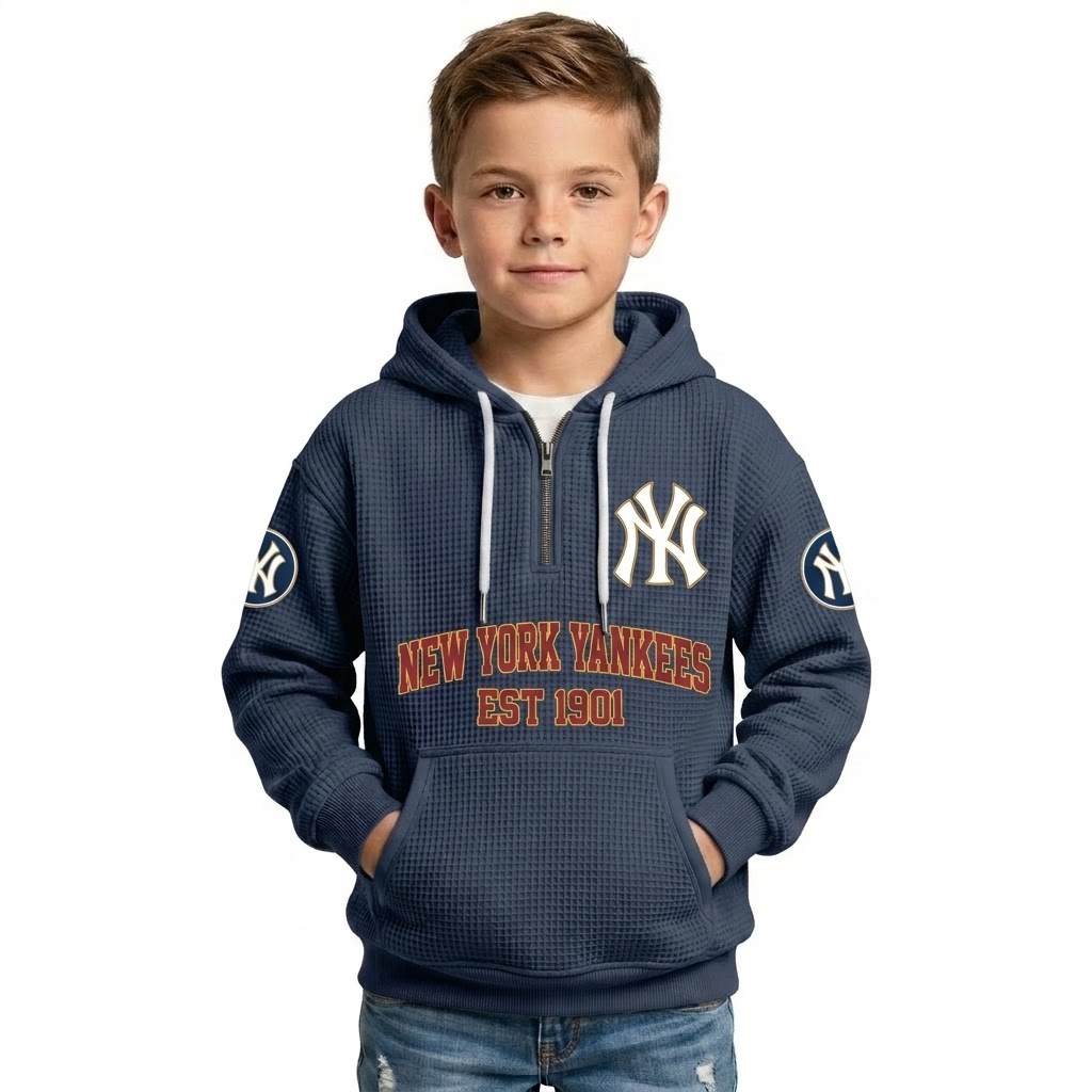 New York Yankees EST 1901 Printed Waffle Quarter Zip Baseball Fan Hoodie For Kids
