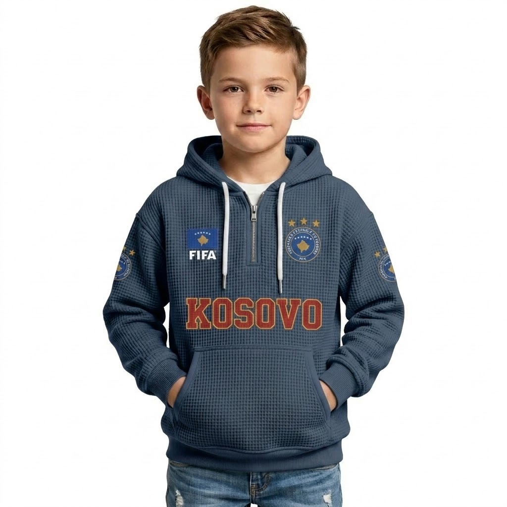 FIFA 2026 Kosovo Printed Waffle Quarter Zip Football Fan Hoodie For Kids