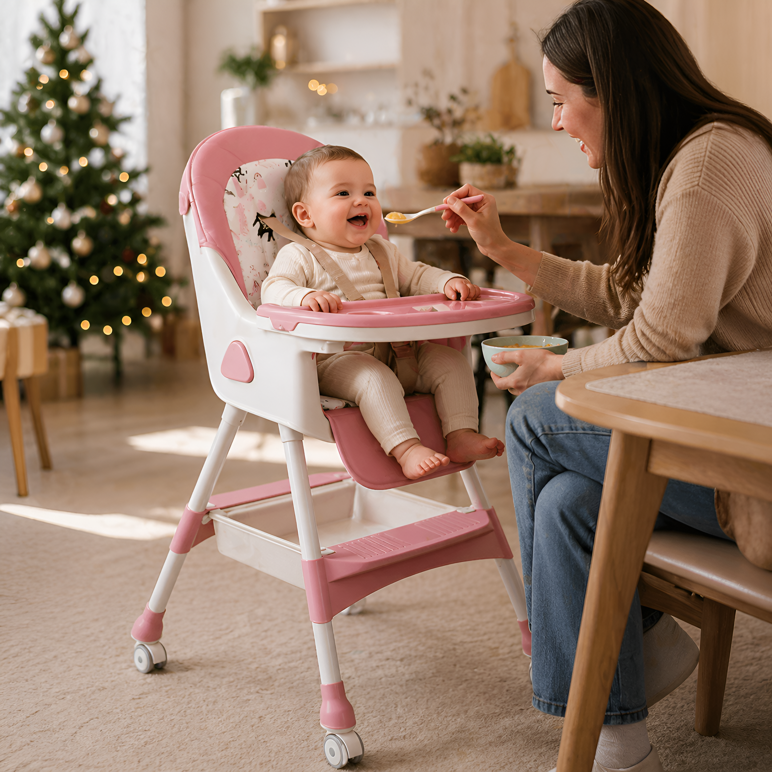 Foldable Adjustable Recline Footrest High Chair With Double Tray And Locking Wheels Gift For Kids
