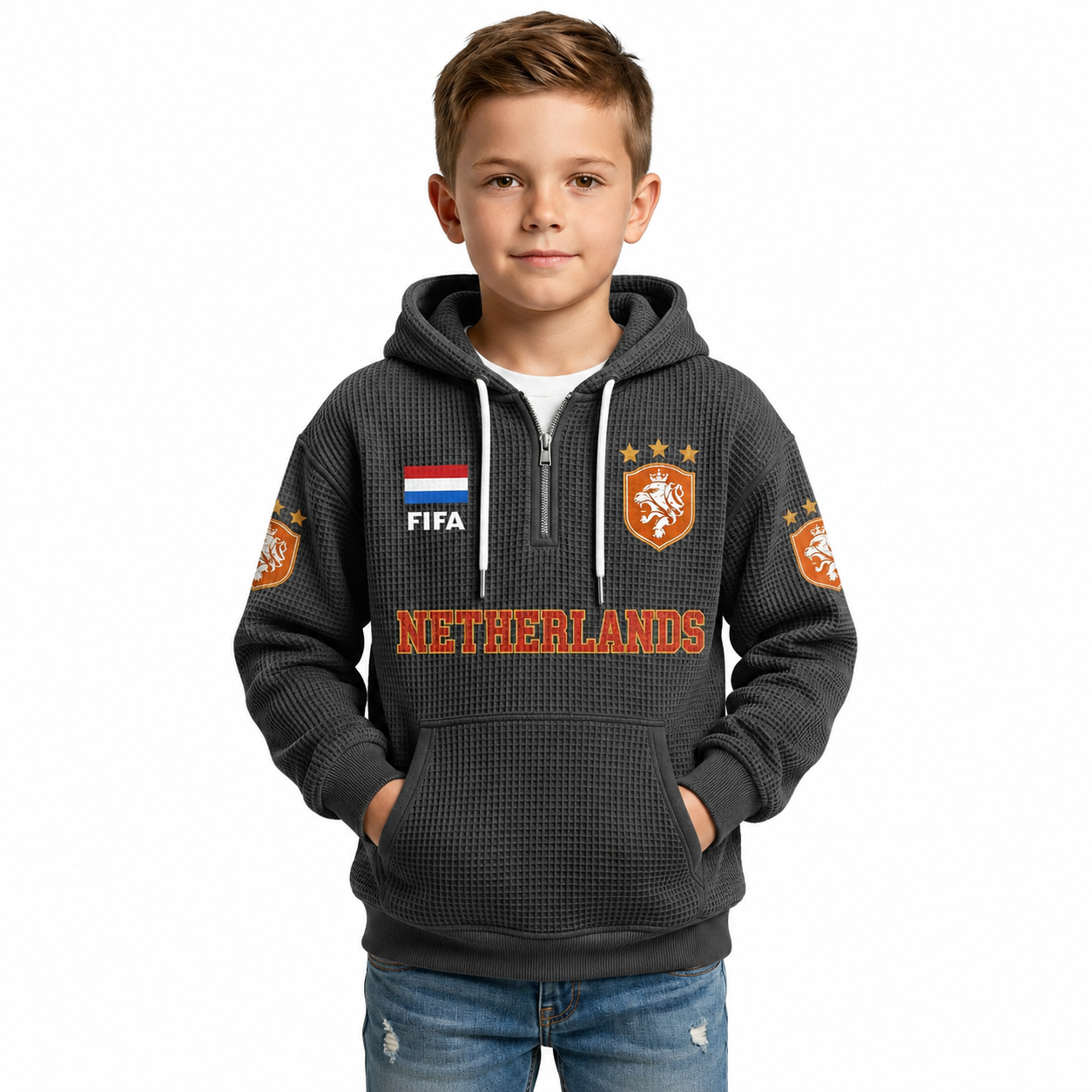 FIFA 2026 Netherlands Printed Waffle Quarter Zip Football Fan Hoodie For Kids