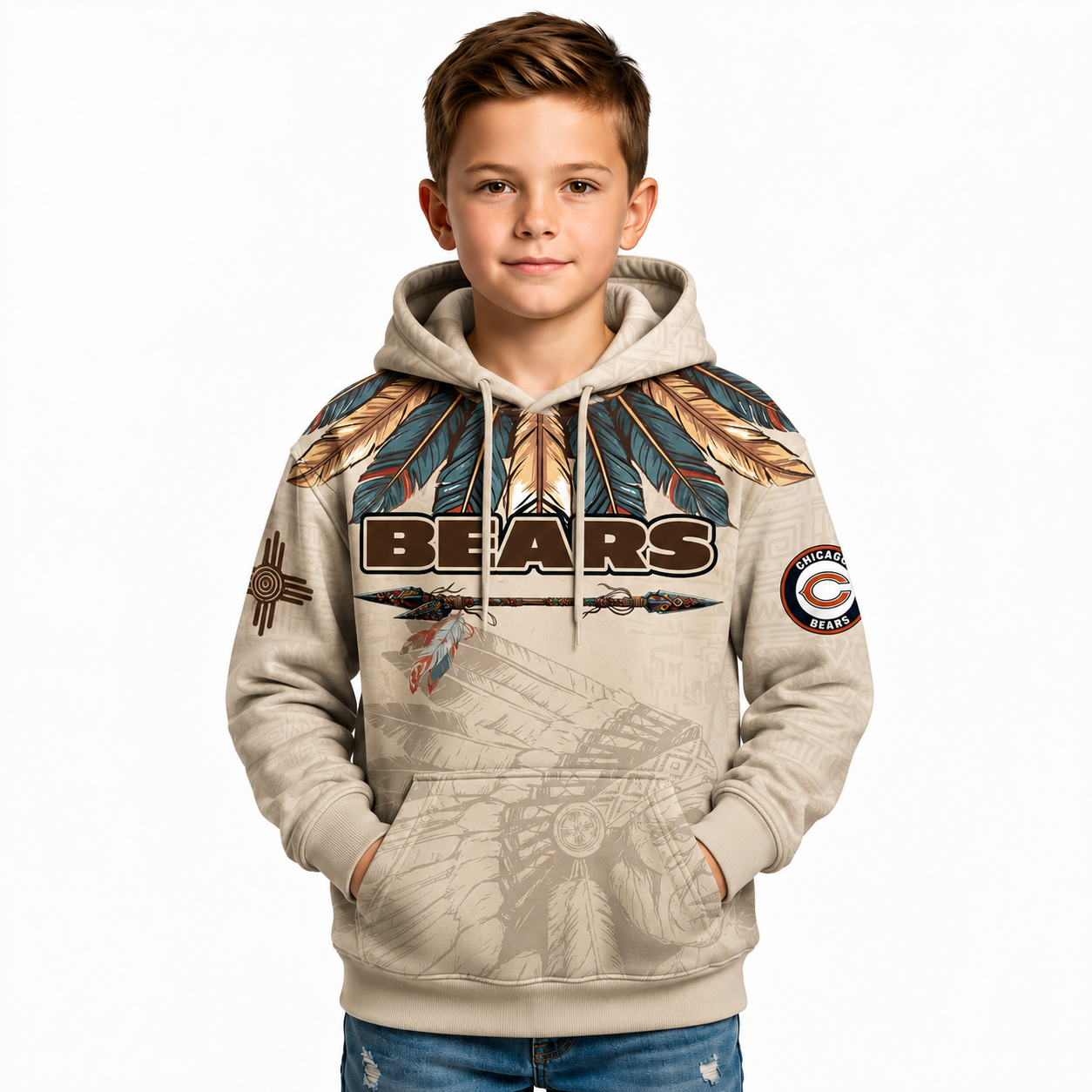 Native Heritage Themed Inspired Chicago Bears Football Fan Pullover Hoodie For Kids