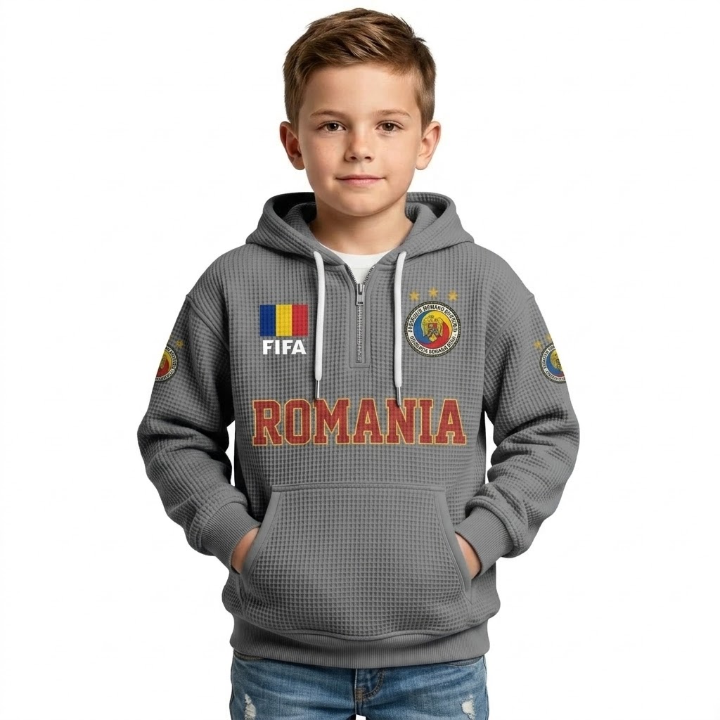 FIFA 2026 Romania Printed Waffle Quarter Zip Football Fan Hoodie For Kids