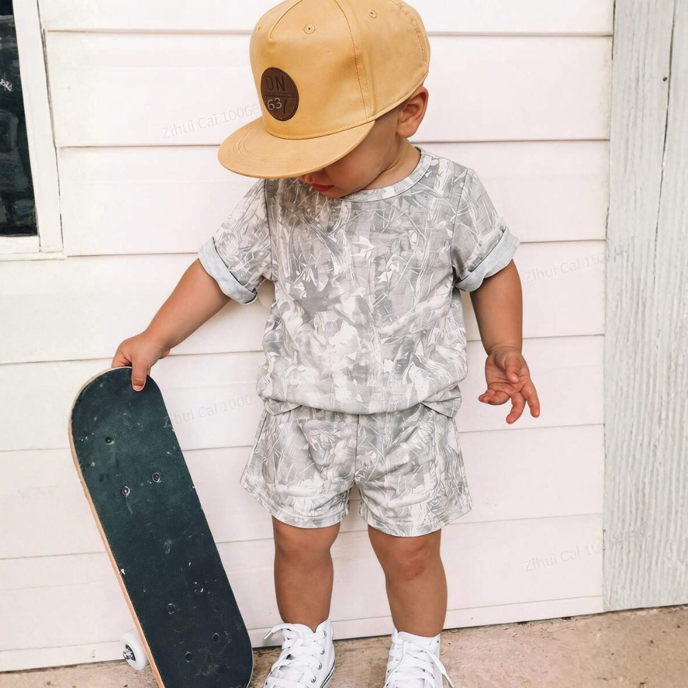 Two Piece Short Sleeve Slogan T Shirt And Camo Shorts Set For Babies