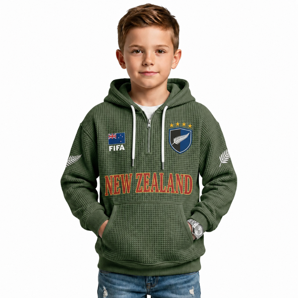 FIFA 2026 Zealand Printed Waffle Quarter Zip Football Fan Hoodie For Kids