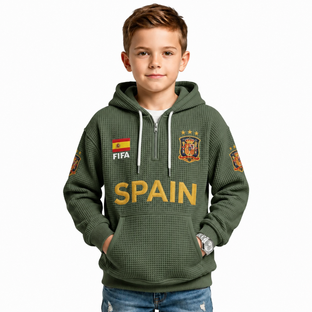 FIFA 2026 Spain Printed Waffle Quarter Zip Football Fan Hoodie For Kids