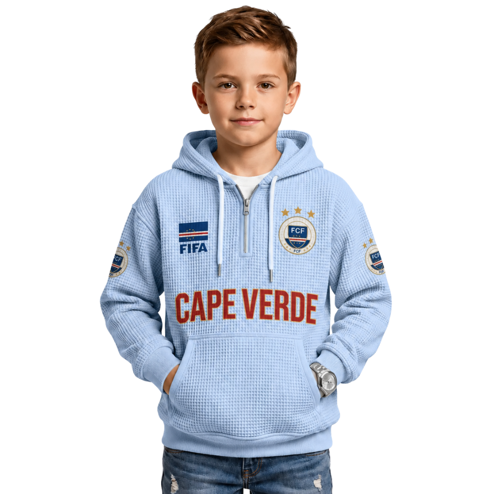 FIFA 2026 Cape Verde Printed Waffle Quarter Zip Football Fan Hoodie For Kids