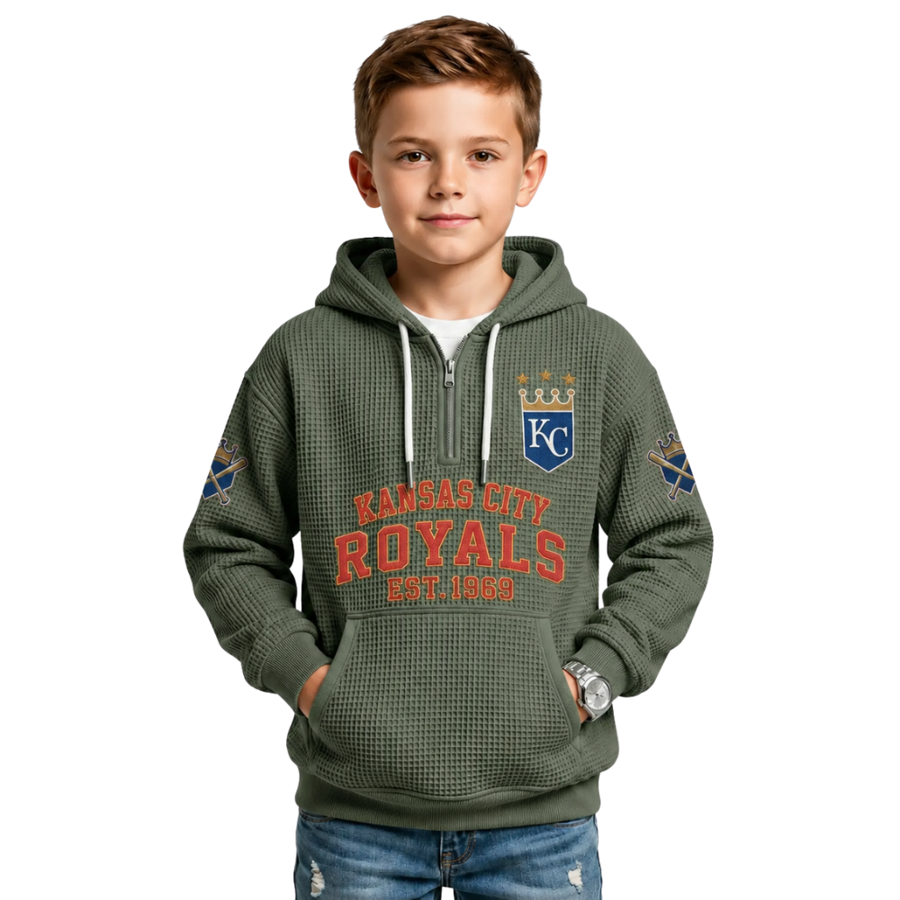Kansas City Royals EST 1969 Printed Waffle Quarter Zip Baseball Fan Hoodie For Kids