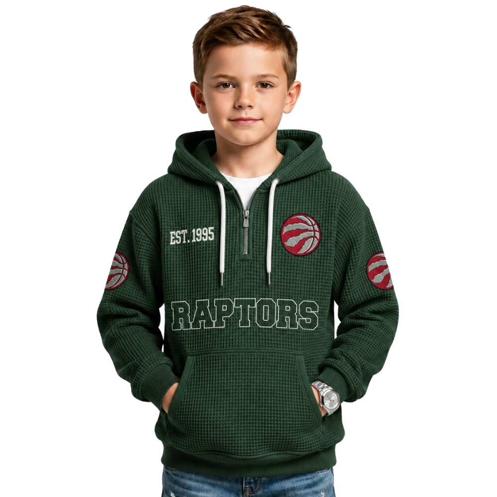 Toronto Raptors EST 1995 Printed Waffle Quarter Zip Basketball Fan Hoodie For Kids