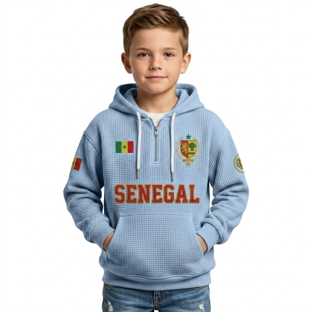Senegal Printed Waffle Quarter Zip Football Fan Hoodie For Kids
