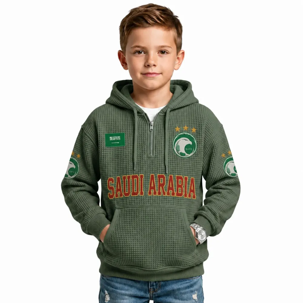 Saudi Arabia Printed Waffle Quarter Zip Football Fan Hoodie For Kids