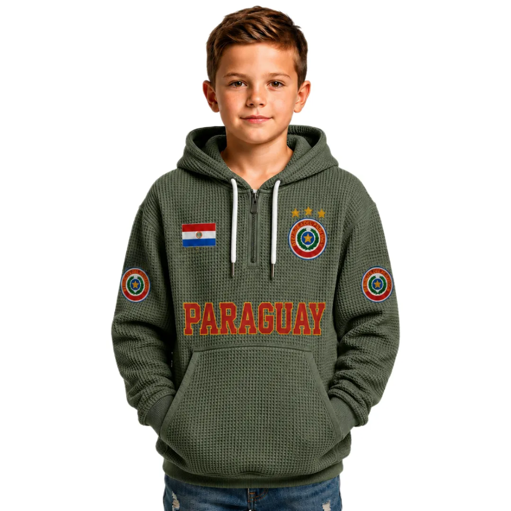 Paraguay Printed Waffle Quarter Zip Football Fan Hoodie For Kids