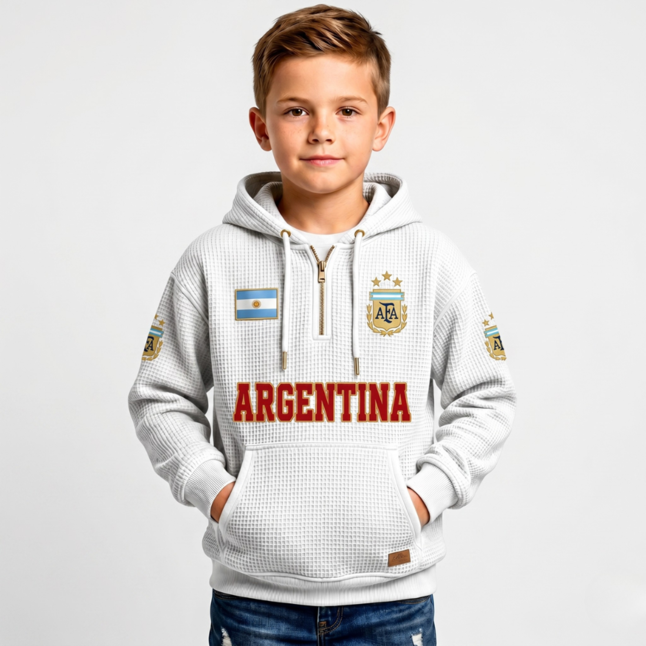 Argentina Printed Waffle Quarter Zip Football Fan Hoodie For Kids
