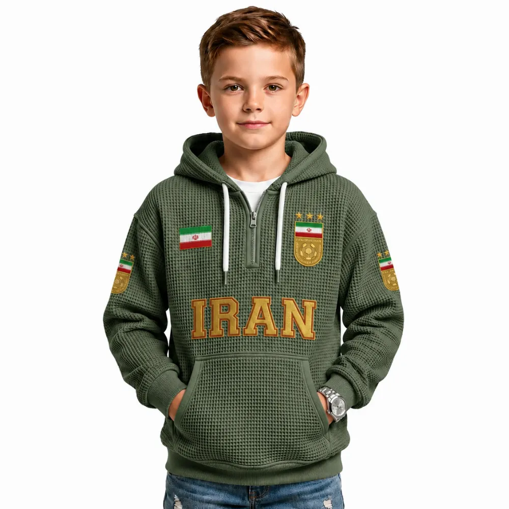 Iran Printed Waffle Quarter Zip Football Fan Hoodie For Kids